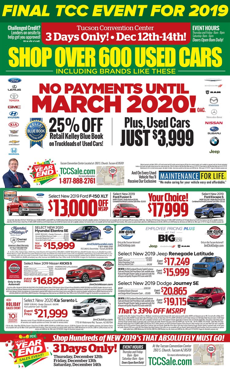 jimclickracing's tweet photo. Shop Hundreds of New 2019’s That Absolutely MUST GO!
Credit Challenged? Lenders on Site for 100% Application Review
Shop Over 600 Used Cars WITH No Payments Until MARCH 2020! (OAC)
At the Tucson Convention Center 260 S. Church, Tucson. 
Visit https://t.co/1PxEJm6Qwh https://t.co/0MwZYYh0ob