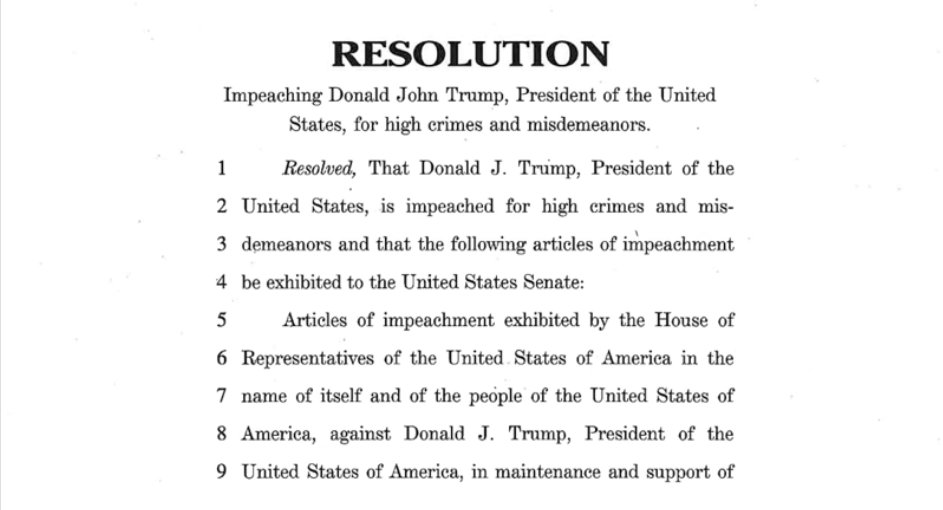 Screenshot of the first page of the articles of impeachment against trump.