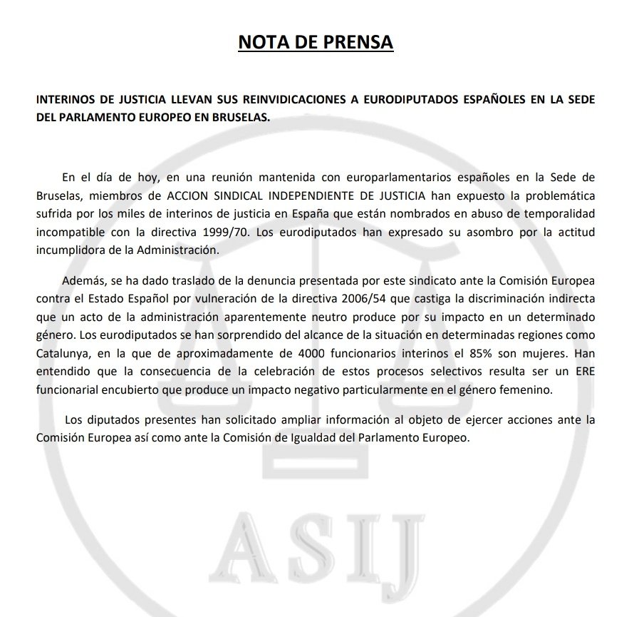 SindicatoIndep1's tweet photo. Nota de prensa de ASIJ en relación a las reivindicaciones del colectivo de interinos expuestas a Eurodiputados Españoles en la sede del Parlamento Europeo en Bruselas. https://t.co/n3Z36aZ5yj