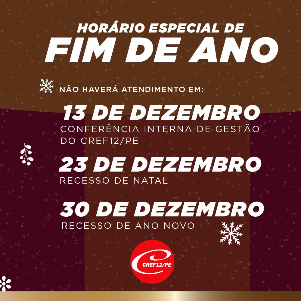 cref12pe's tweet photo. Marcas do que se foi! Sonhos que vão nascer 🎼 Fique ligado nos dias que não haverá expediente no CREF12/PE durante o mês de dezembro.
#cref12pe https://t.co/Vui6DxrNyQ