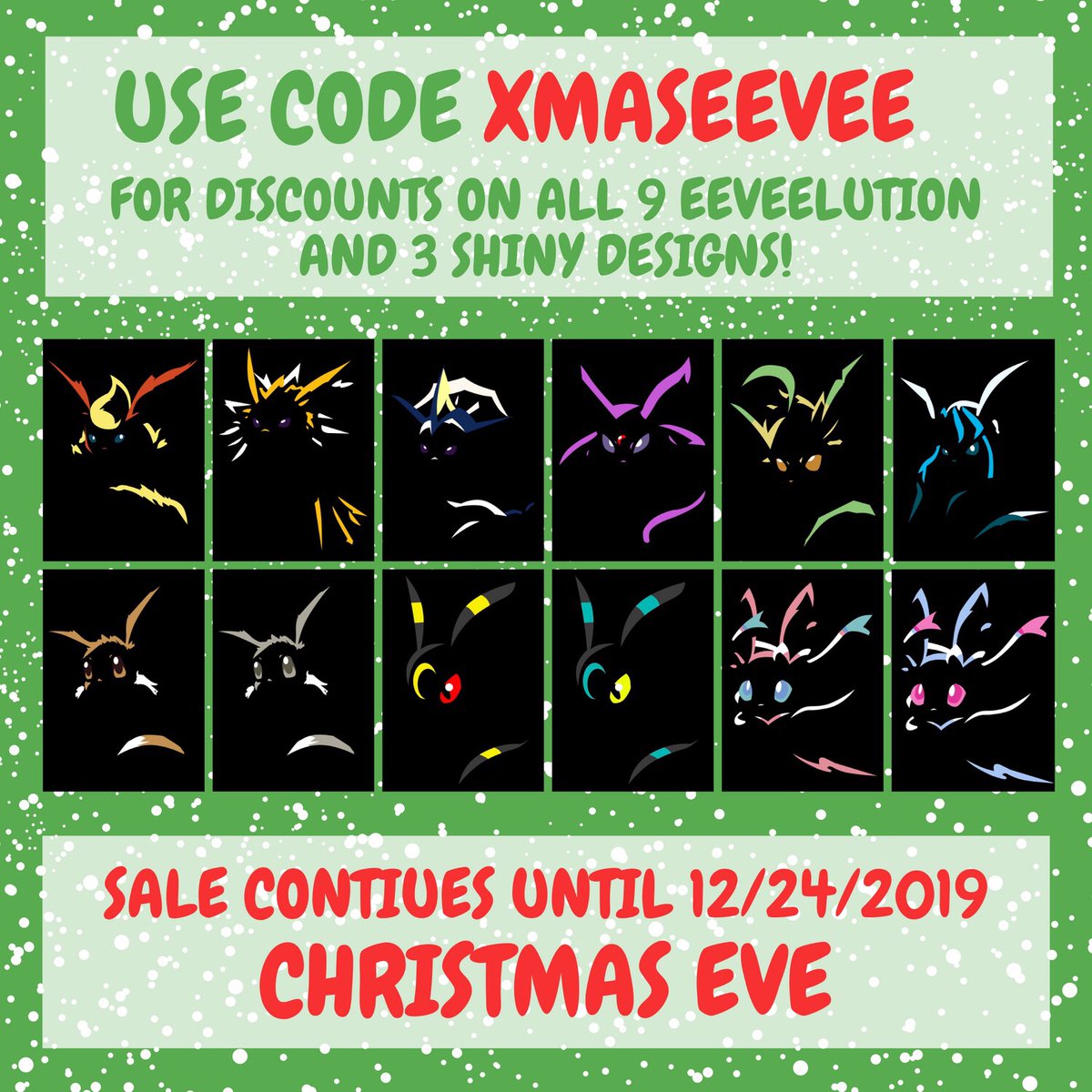 cosmiccrown's tweet photo. We're running a EEVEELUTION promotion that ends on Christmas EVE~!

All eevee evolution designs are on sale at $20 instead of $25, including the SHINY versions! https://t.co/7MW4OYHq5Z
