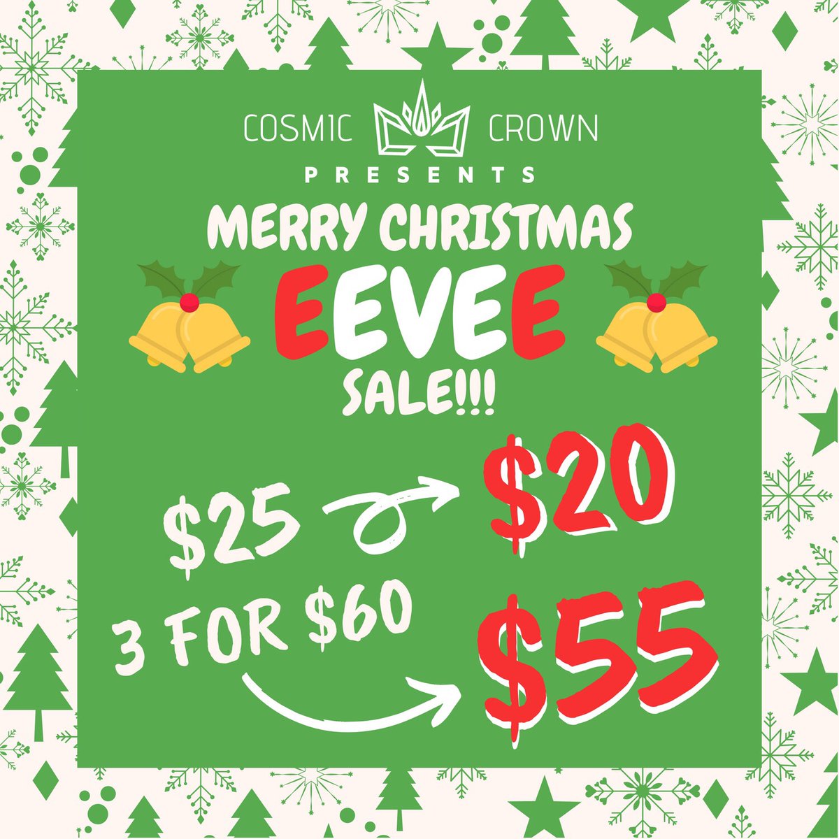cosmiccrown's tweet photo. We're running a EEVEELUTION promotion that ends on Christmas EVE~!

All eevee evolution designs are on sale at $20 instead of $25, including the SHINY versions! https://t.co/7MW4OYHq5Z