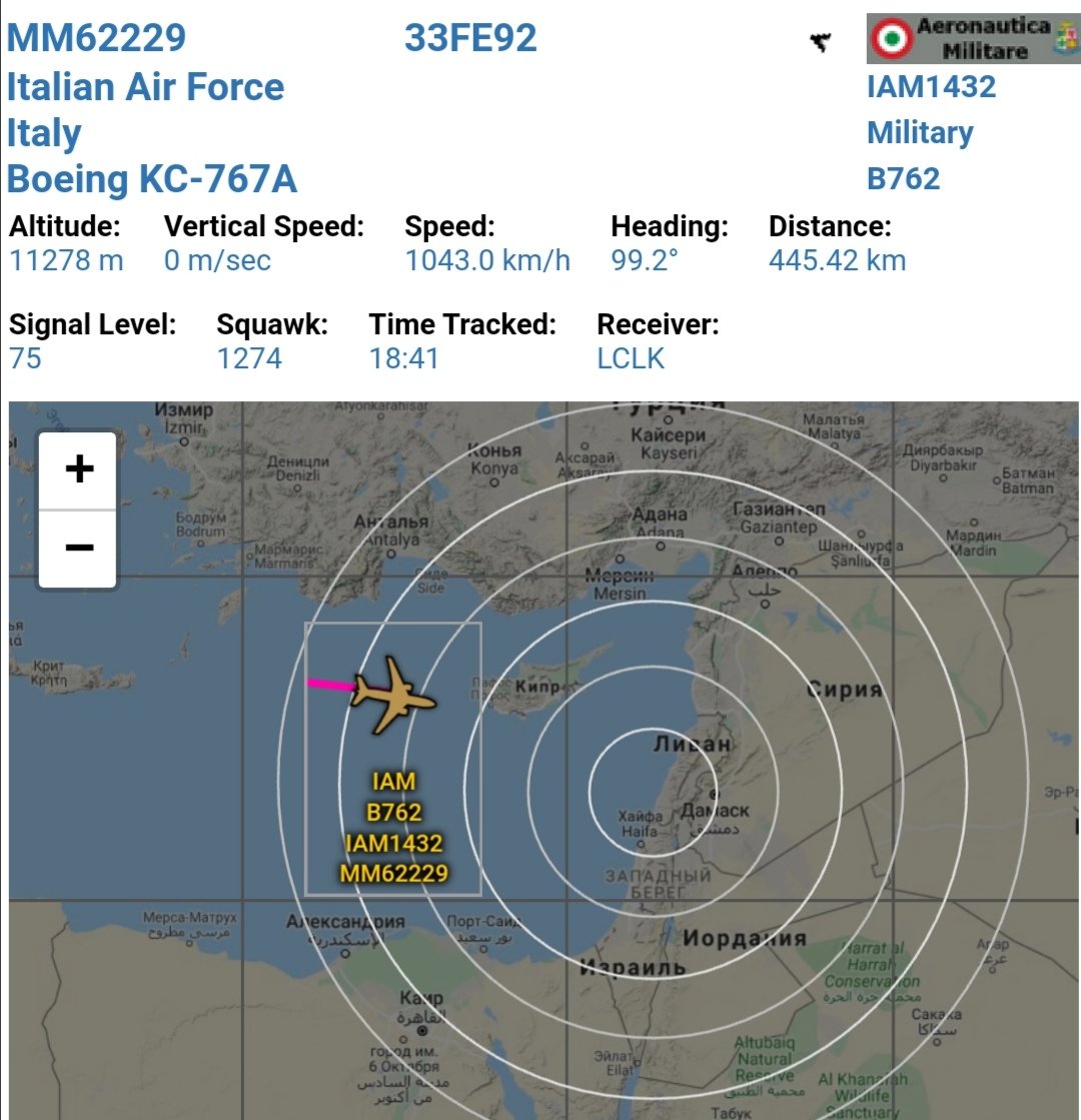 AiWaelBot's tweet photo. 👀
🇮🇹 ✈ Italian Air Force Boeing KC-767A #AAR Air refueling (MM62229, 33FE92) as flight #IAM1432 spotted in flight HDG E near Cyprus 🇨🇾 to Lebanon 🇱🇧 ??? 🙄 Departed from Pratica di Mare Air Force Base / Pomezia, Rome at 09:06PM EET https://t.co/Uijqol08Dw