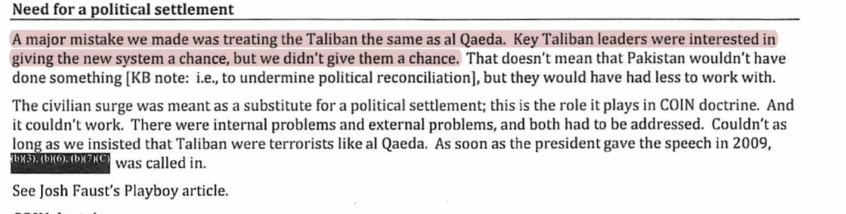 Rubin: COIN was a substitute for political strategy. The background is that leaders found it too hard politically to talk to Taliban. So when Petraeus and other generals came along around 2009 and told them they could win through hearts and minds, policymakers jumped on it. 53/n