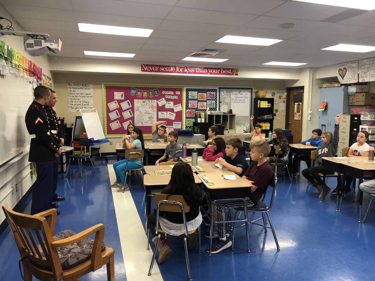 MrsStubanas's tweet photo. We enjoyed a visit from two Marines today. We wrote letters to them while they were in boot camp and today they came to share their experiences and knowledge of the Marine Corps with us. @FawnArea https://t.co/Sh0cdFyC28
