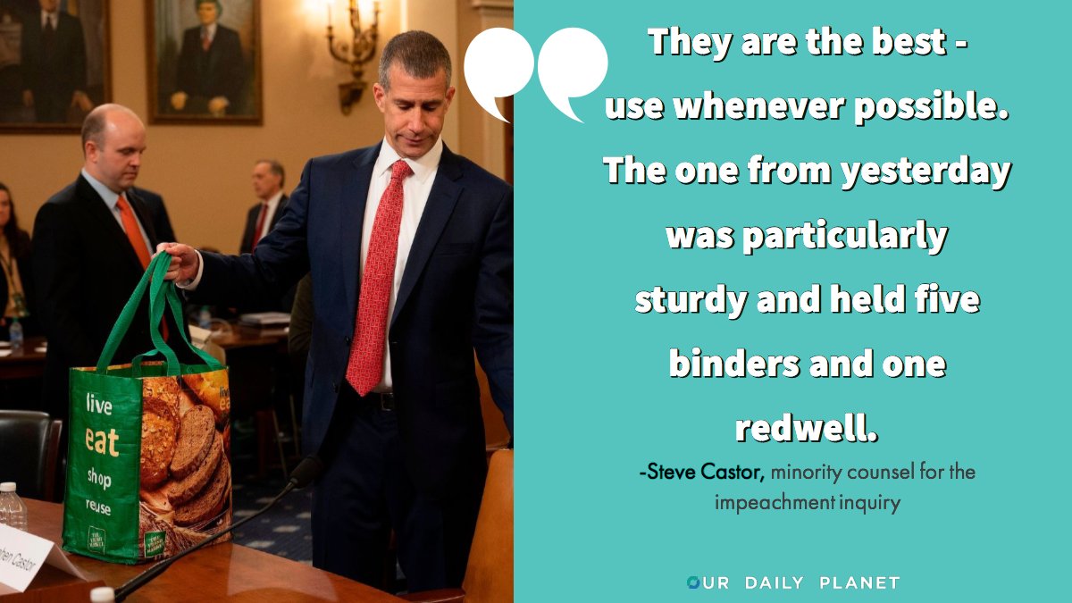 ourdailyplanet's tweet photo. At yesterday's #impeachment hearing, minority counsel #SteveCastor's reusable @TheFreshMarket bag stole the show. So we wanted to ask Castor, if this bag can replace his briefcase, what else does he use them for?

This is what he told us: https://t.co/yADtp4Jglf