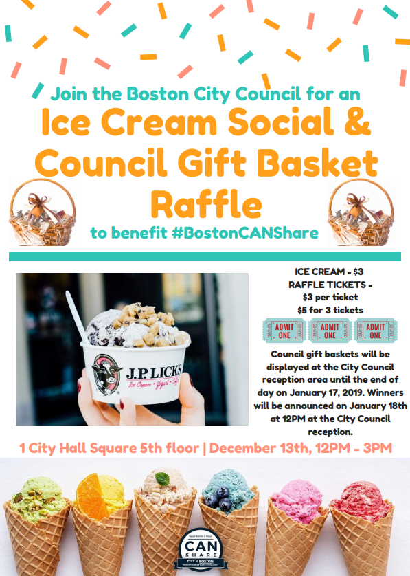 BOSCityCouncil's tweet photo. Join the #Boston City Council on December 13th from 12-3PM for an Ice Cream Social and Council Gift Basket Raffle to benefit #BostonCANShare. https://t.co/WllkNIa56q