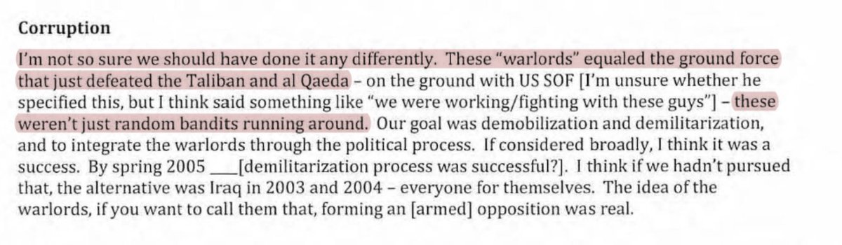 Embassy official says what I said earlier in the thread. Tackling corruption and refusing to deal with all bad actors would have been a strategy closer to what we did in Iraq in 2003: work with nobody and make enemies out of everybody. 55/n