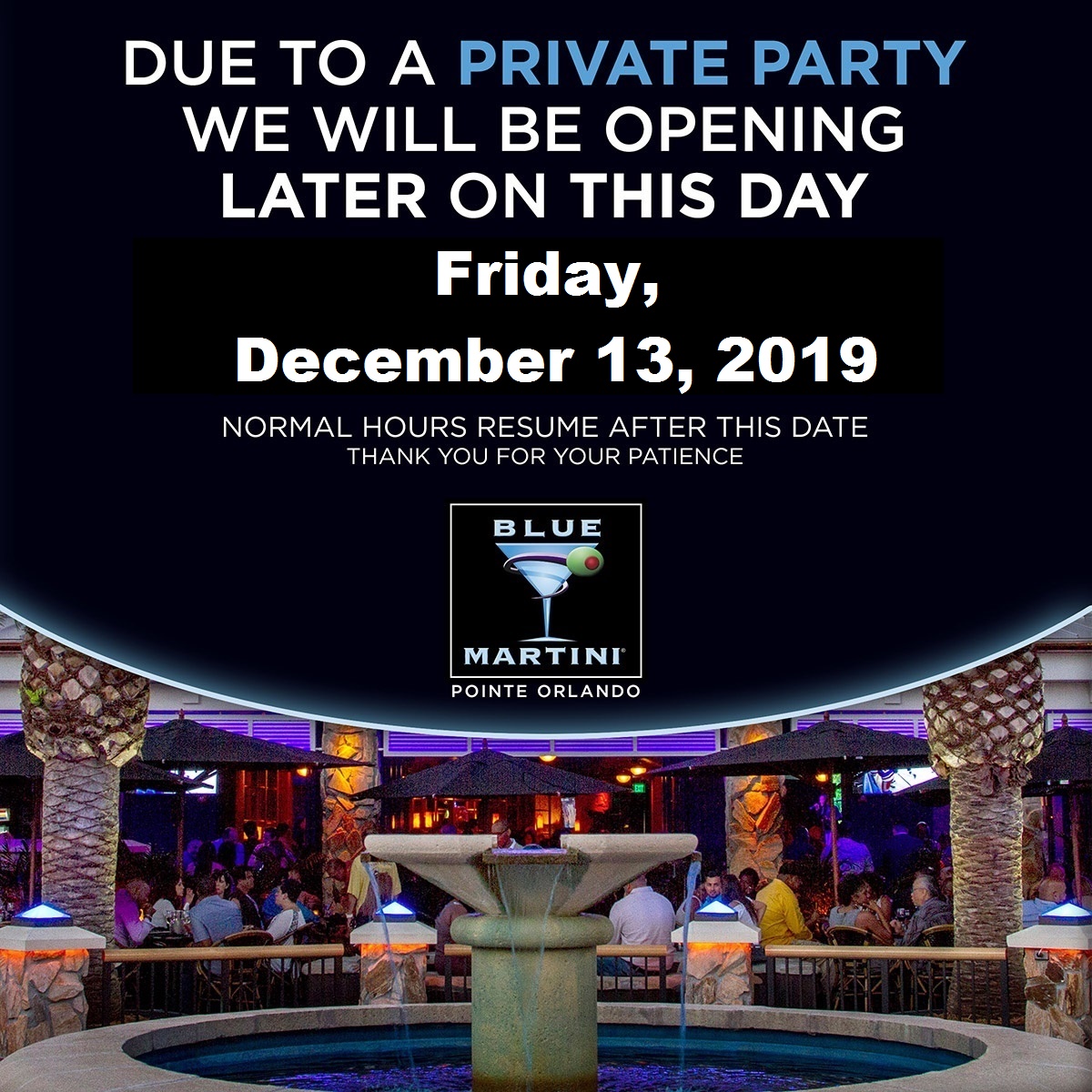 Due to a private event, Blue Martini will be open to the public later this Friday, December 13th at 9:30pm.
music by DJ Ricky GZ