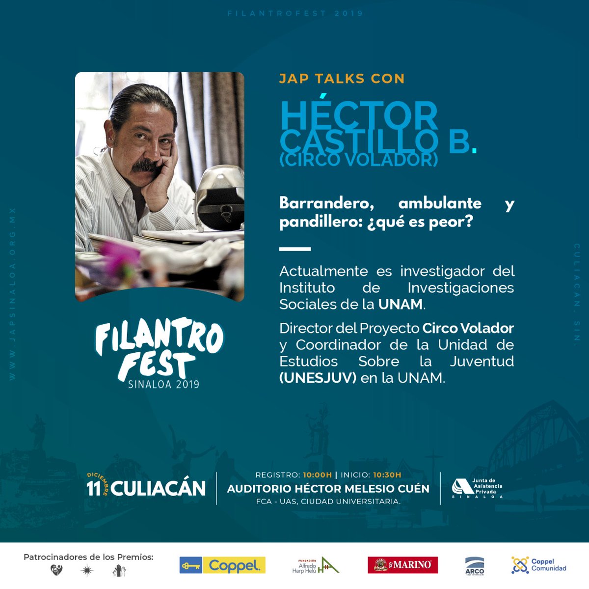 Japdesinaloa's tweet photo. ✨Clausura Filantrofest Sinaloa 2019✨
Acompáñanos en JAP Talks con Héctor Castillo en "Barrandero, ambulante y pandillero: ¿qué es peor?". 
#JAPSinaloa #MásCerca #Filantrofest #DíadelaFilantropía https://t.co/xxz1El3Dvk