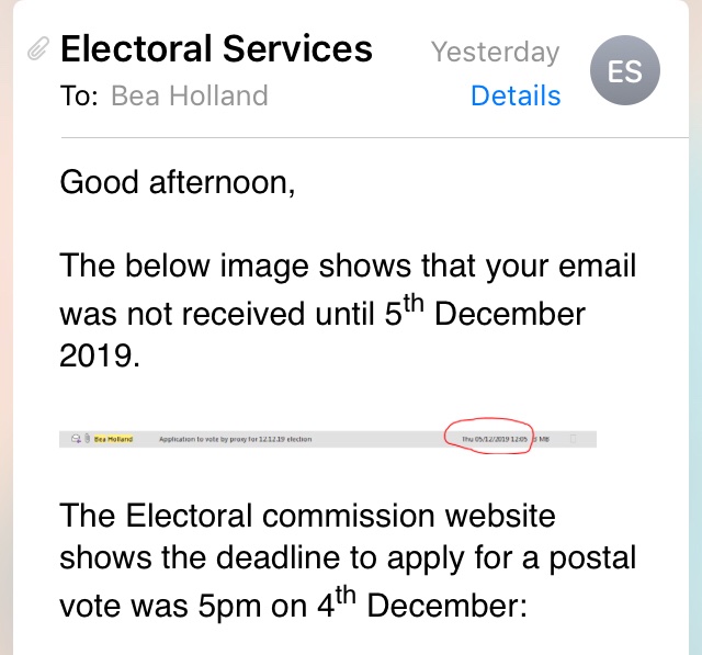 Wow! <a href="/IslingtonBC/">Islington Council</a> preventing me from exercising my democratic right to vote. Made the deadline for a proxy vote yet mysteriously it wasn’t received until 24 hours later. <a href="/jeremycorbyn/">Jeremy Corbyn</a> <a href="/UKLabour/">The Labour Party</a> can you help me? #GE2019 #GeneralElection2019 #GetBorisGone