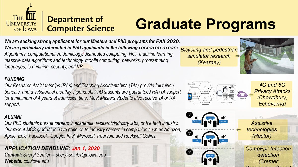 UIowaCS's tweet photo. 📣U of Iowa #ComputerScience invites talented students to apply to our Masters and PhD programs. More @ https://t.co/sRP3uhDHk3. #Algorithms #AI #ML #NLP #CompEpi #CSEd #HCI #Accessibility #AR #IoT #Networks #VR #FormalMethods #Security @UIowaCLAS @IowaAdmissions @UIGradCollege⚠️ https://t.co/Jm7CMsWykX