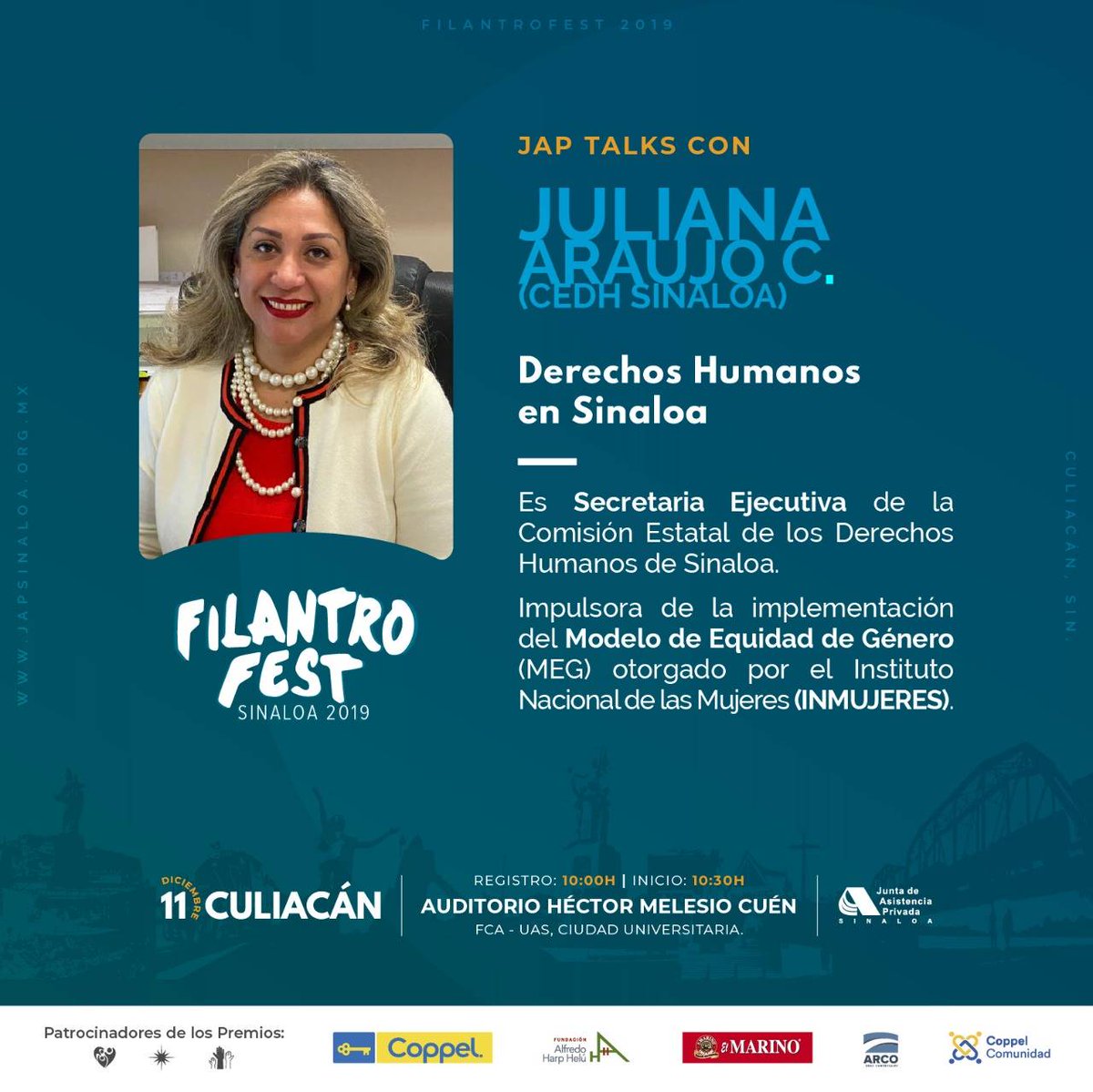 Japdesinaloa's tweet photo. 👉 Conoce más de Juliana Araujo en JAP Talks, este 11 de diciembre te esperamos en el auditorio Héctor Melesio Cuen a partir de las 10 horas. Clausura Filantrofest Sinaloa 2019 ✨
#JAPSinaloa #Filantrofest #DíadelaFilantropía #MásCerca https://t.co/SK9VFMmKhj