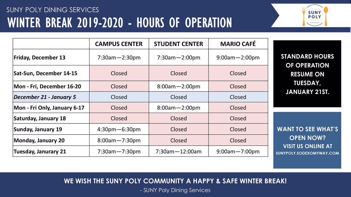 Please keep in mind our Hours of Operation for Winter Break. We wish you all a happy and safe time off! #sunypoly #polydining