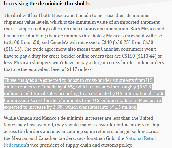 #USMCA's higher de minimis thresholds is expected to boost US retailers' online sales. bit.ly/USMCAecommerce