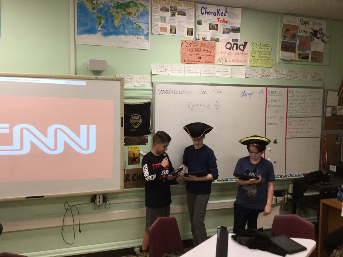 Tonight’s top story.... #mineolams 7th grade SS broadcasting CNN (Colonial News Network) to allow students to draw inferences regarding the economies of the 3 regions of the 13 English Colonies! #mineolaproud