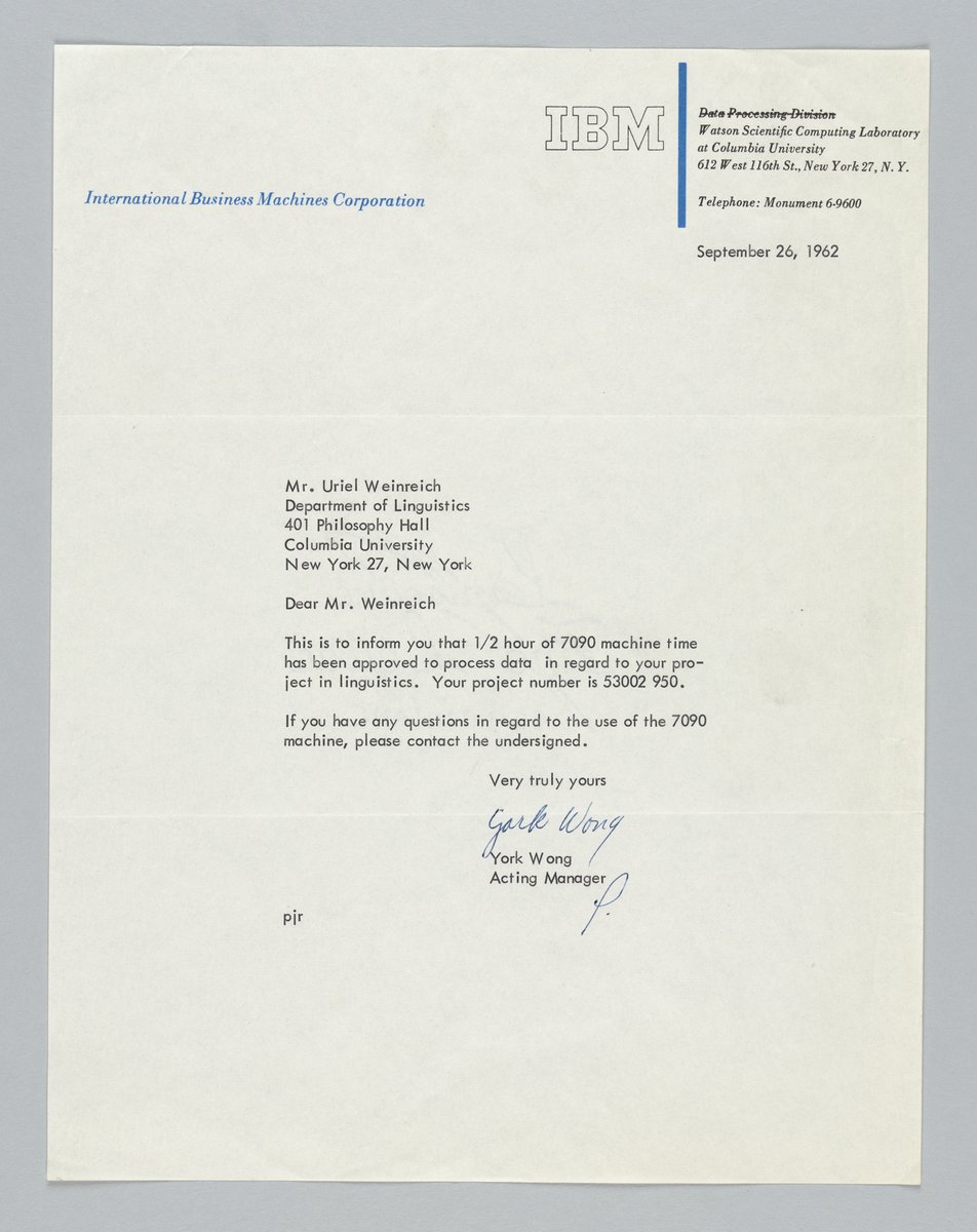 hchesner's tweet photo. A letter from Uriel Weinreich in 1962 for a VERY EARLY digital humanities project, plus some cards #lcaaj #histcomp #dhjewish
https://t.co/2yBFA7bUfM https://t.co/5ukMSQCIR0