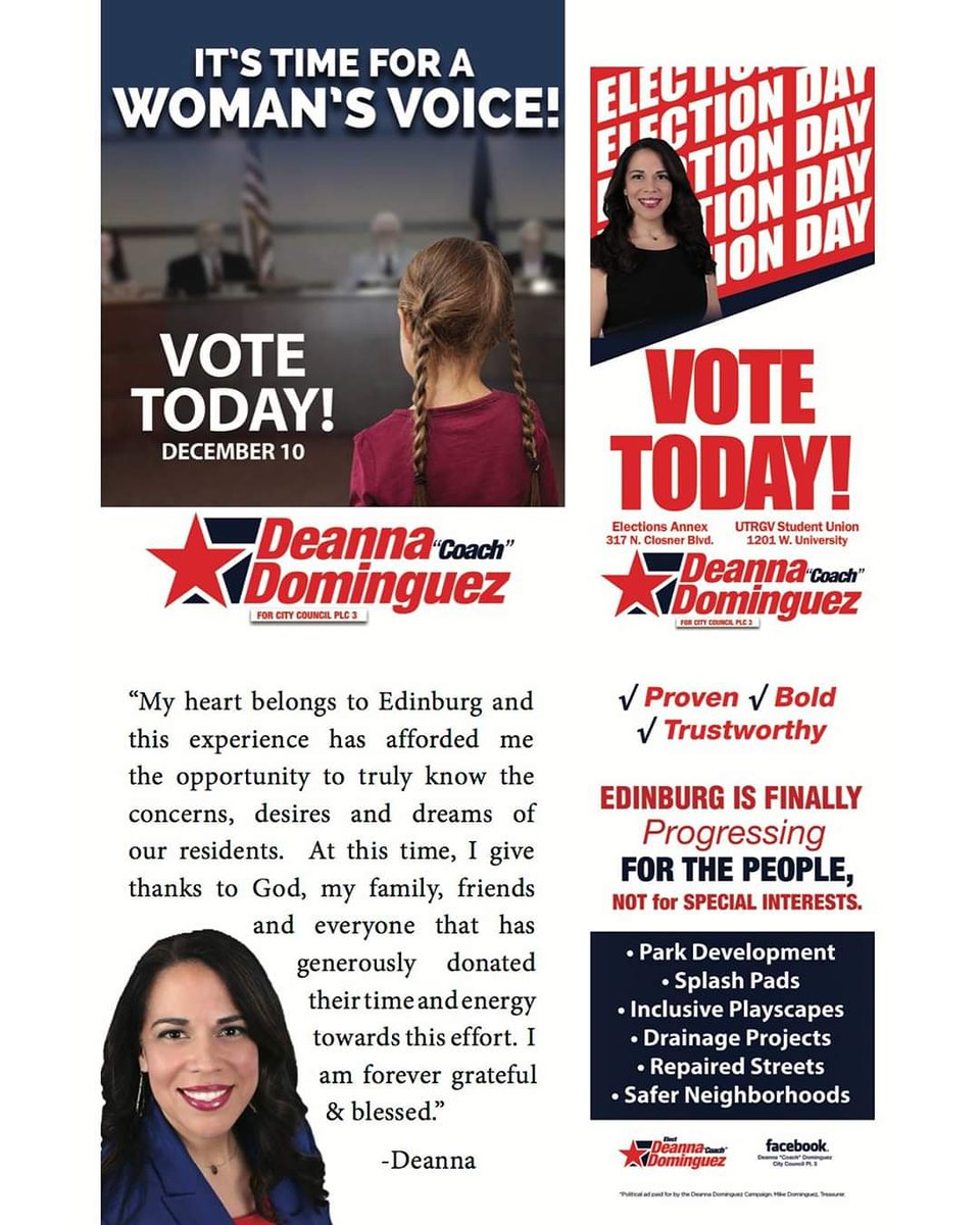 Brandon18119728's tweet photo. Family & Firends Good afternoon just a reminder you have 3hrs to go out and cast your your vote for Deanna Dominguez for City Council Pl 3.
You can drive up and cast your vote from your vehicle just in case it's too cold or you have your little ones with you.
#DeeFor3 https://t.co/hfbm4K7OeU