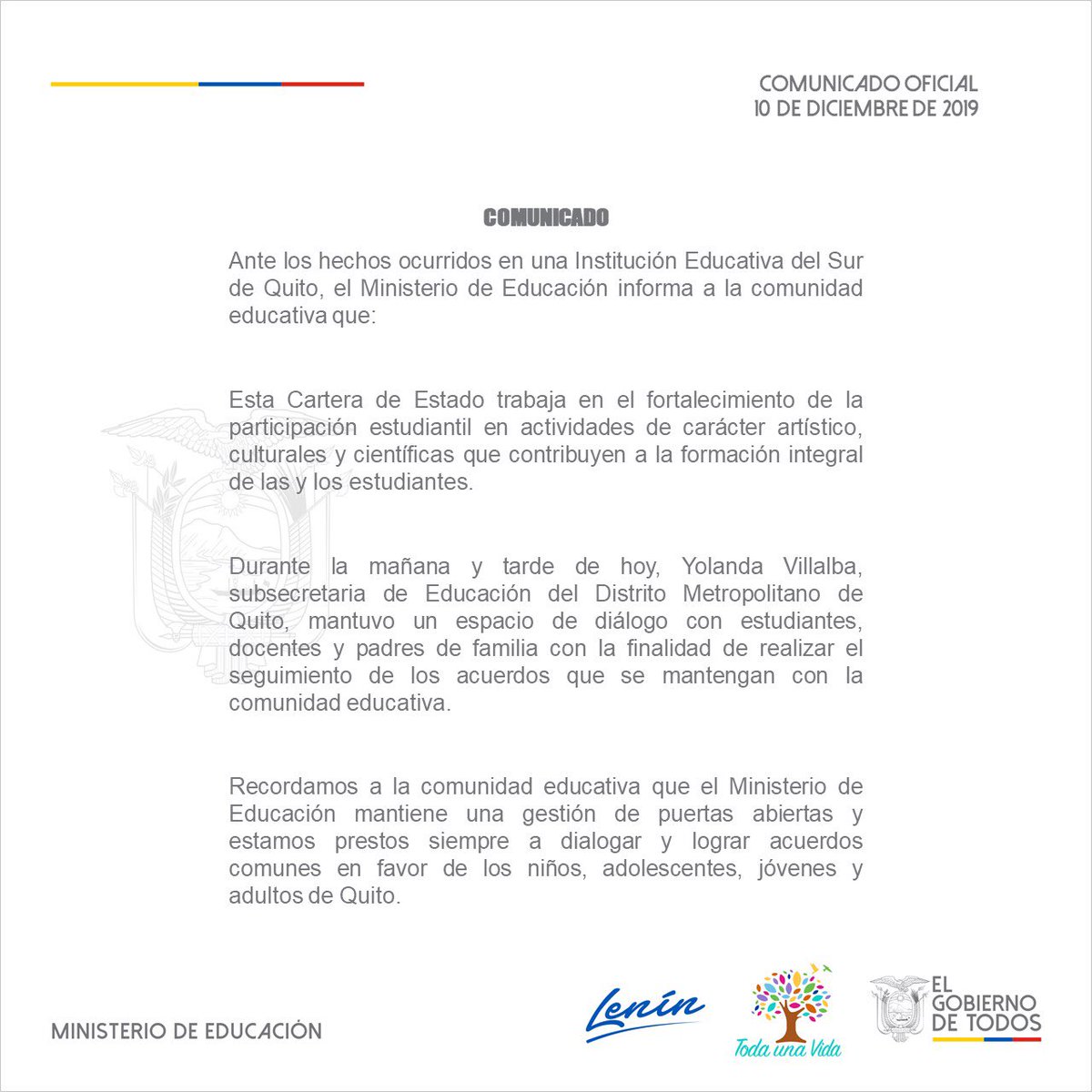 EducacionZ9_Ec's tweet photo. [COMUNICADO] El Ministerio de Educación mantiene una gestión de puertas abiertas enmarcadas en el diálogo y en los acuerdos. https://t.co/DBRfxFhLz3
