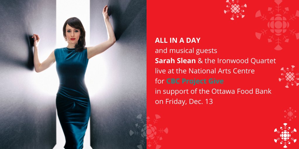 Headliner announcement! 🎉 We have very exciting news to share about @cbcallinaday's #CBCProjectGive lineup. Singer-songwriter @sarahslean will be performing between 5 and 6 p.m. at @CanadasNAC this Friday! It's a free live show you won't want to miss: cbc.ca/1.5337748