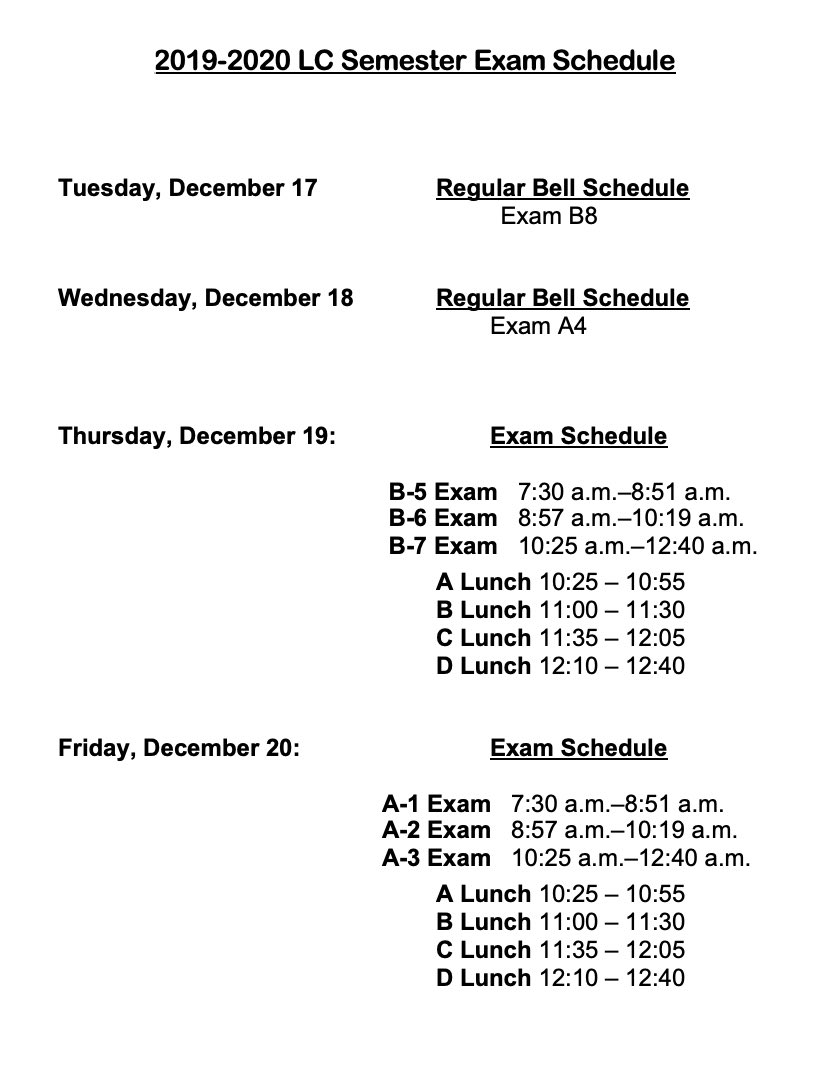 LCHS_Patriots's tweet photo. Wondering how the last few days of the semester will play out? Here is the schedule for NEXT WEEK. Make note of your 4th period exams. #BeRevolutionary #WeAreLC https://t.co/cCGC97Ll5u