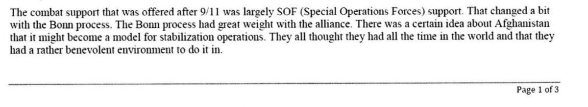 NATO official says that Afghanistan was seen as a "benevolent environment" to do stabilization operations (!). The main criterion for finding local people to work with was that they spoke English, it sounds like that's how Karzai got his job. 94/n  https://www.washingtonpost.com/graphics/2019/investigations/afghanistan-papers/documents-database/?document=background_ll_01_xx_brussels_1800_02182015