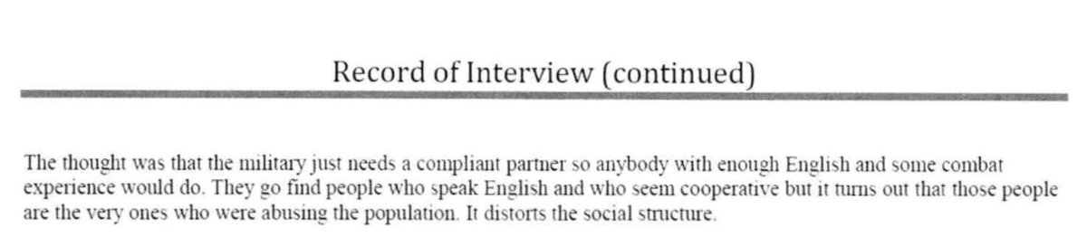 NATO official says that Afghanistan was seen as a "benevolent environment" to do stabilization operations (!). The main criterion for finding local people to work with was that they spoke English, it sounds like that's how Karzai got his job. 94/n  https://www.washingtonpost.com/graphics/2019/investigations/afghanistan-papers/documents-database/?document=background_ll_01_xx_brussels_1800_02182015