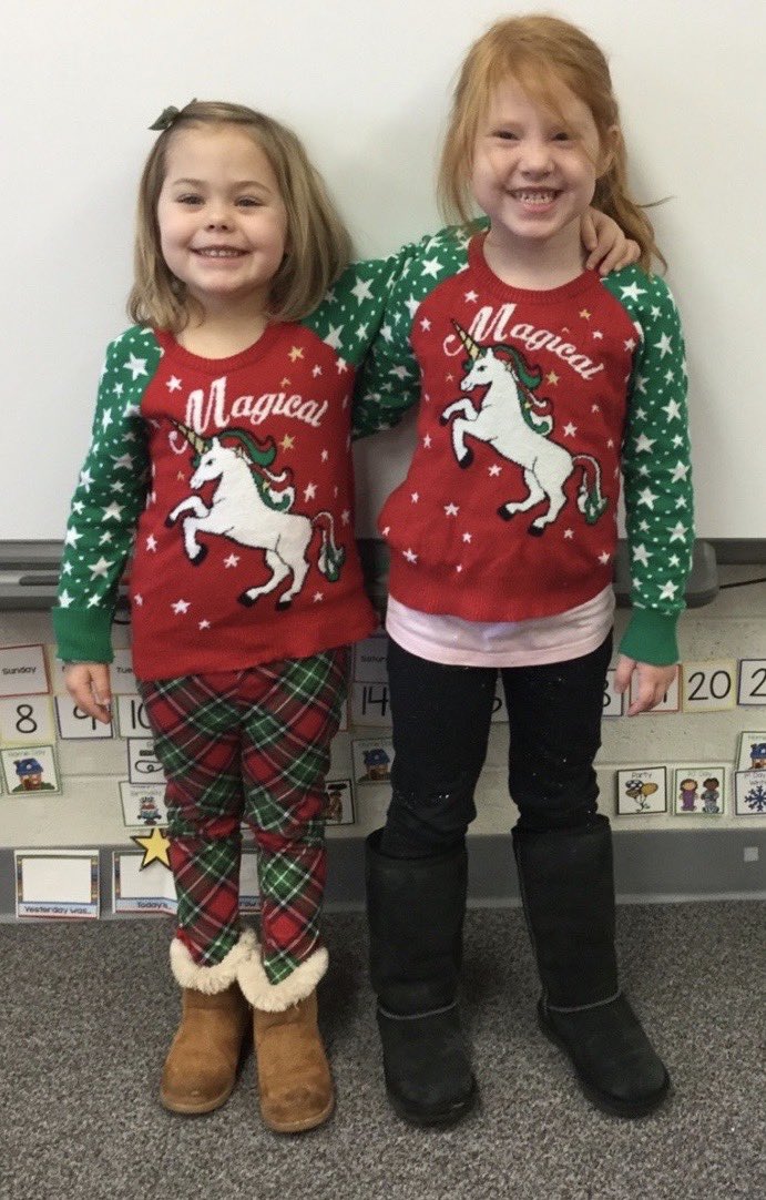 MrsBuegePreK's tweet photo. When you and your bestie show up in matching shirts you have to get a picture! Look at the pure joy on their faces of how happy they were to be matching today 🎄🦄😁 #bestfriends #grovepreschool #dg58pride #dg58learn https://t.co/fwbYlGpvbo