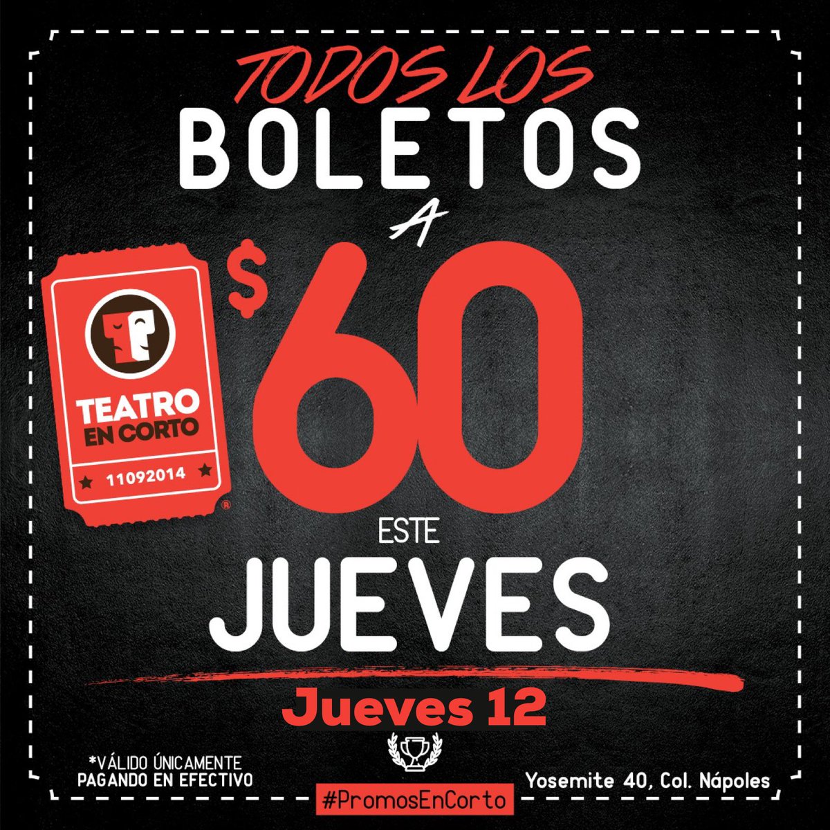 TeatroEnCorto's tweet photo. Jueves de súper promoción #EnCorto nuestros boletos a solo $60 
Vive la mejor feria teatral en #TeatroEnCorto https://t.co/0kqJFIMmX0