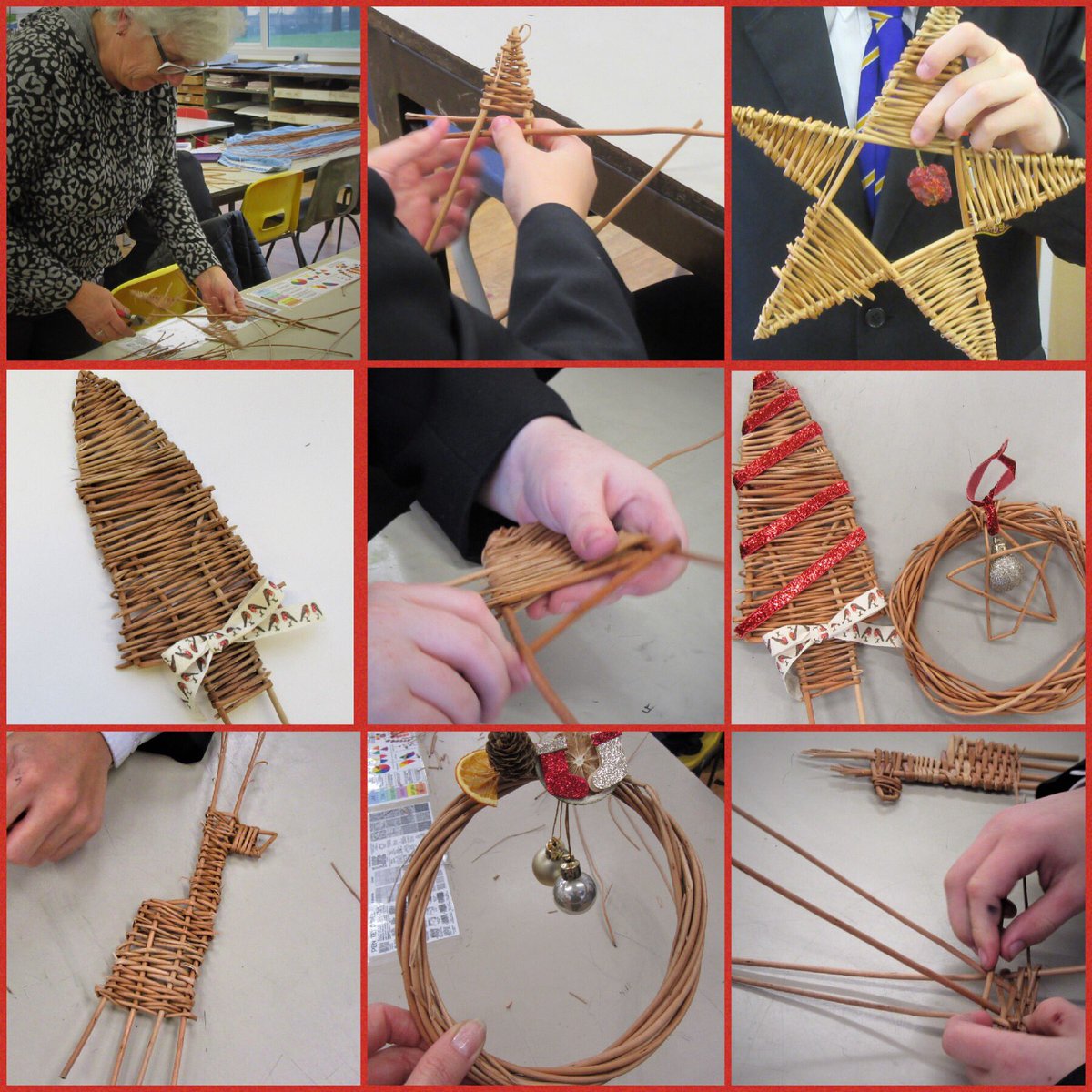 TheHowardTHAT's tweet photo. A local artisan visited school today and worked with a group of wonderful year 8 art students. They enjoyed creating woven willow products with festive spirit! Well done to everyone who took part - fantastic work! #willowweaving #HowardArt https://t.co/p3FlrvAkNT