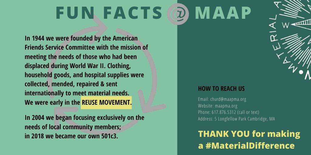 MAAPMass's tweet photo. #Reuse is in our DNA. In one form or another we've been at it for 75 years. Today your GENTLY USED stuff make it into the hands of 2000 people experiencing homelessness or housing insecurity. (Your not-so-practical, fancy stuff is sold at our semiannual fundraising tag sales.) https://t.co/sAFji0lcxc