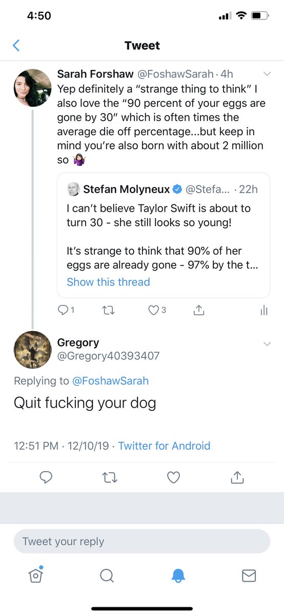 FoshawSarah's tweet image. Apparently rebutting nonsense means I’m into bestiality. Seriously what is wrong with people. #getsomehelp