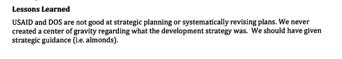 Senior USAID official: "we should have given strategic guidance (i.e. almonds)" The central planning fallacy is everywhere here, the hubris that it should be US bureaucrats rather than entrepreneurs and consumers that would chose the best crops to grow. 66/n