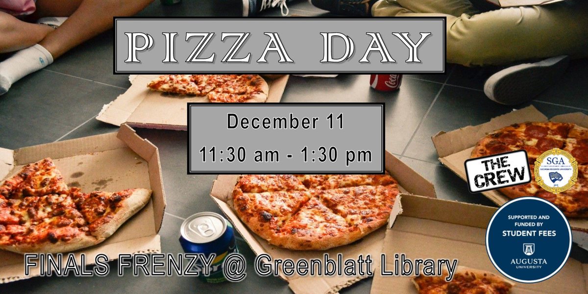 AUG_Libraries's tweet photo. It's almost Pizza Day at Greenblatt Library!  Join us tomorrow,  Wednesday Dec 11th  at 11:30am to 1:00pm for FREE pizza and prizes! 
#finalsfrenzy #greenblattlibrary #augustauniversity #pizza https://t.co/YKU3RIFAcy