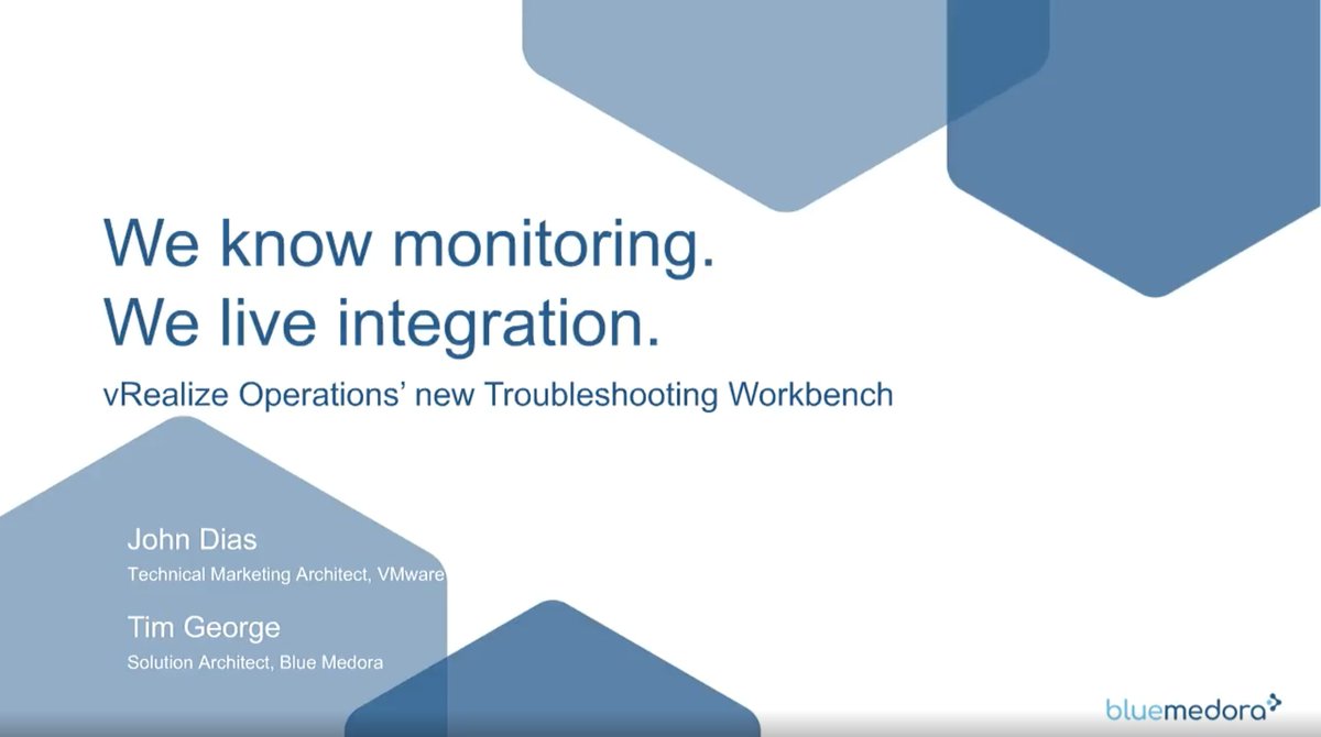 bluemedora's tweet image. In this on-demand webinar, @VMware&apos;s @vRealizeOps expert, John Dias (@johnddias), joins Blue Medora&apos;s Tim George as they explore #vRealizeOperations 8.0&apos;s #Troubleshooting Workbench. Check it out! ow.ly/qCGa50xhsZs #troubleshootfaster #fullstackmonitoring #vROps