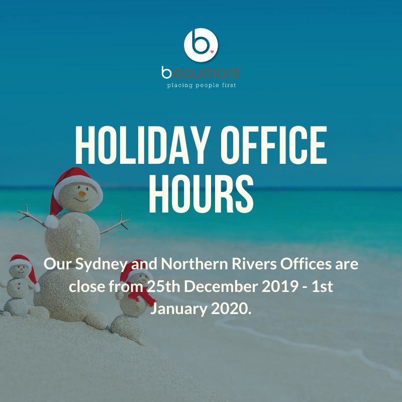 BeaumontPeople's tweet photo. Christmas time is so close and that means holidays! Our offices will be closed from 25th December 2019, reopening on 2nd January 2020.

Give us a call today!
Sydney office: (02) 9279 2777
Northern Rivers office: (02) 9133 9322

#beaumontpeople https://t.co/G5siIlic79