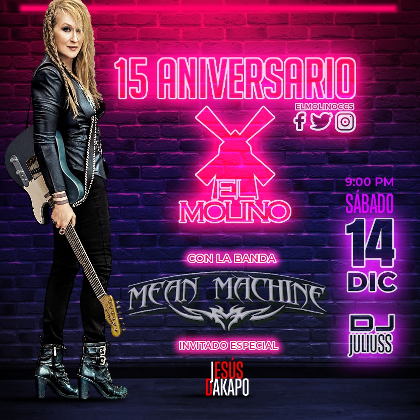 #14DIC Celebra el aniversario numero 15 del Molino Rojo 

En vivo la banda <a href="/meanmachinevzla/">Mean Machine Vzla.</a>

Invitado Especial: <a href="/jesusdakapo/">Jesús Dakapo</a>

Nuestros amigos de @mechubar  estaran presentes 

Con los DJ EXXEL, Juliuss y Santo 

Disfrutaras de las chicas Deliciuss 
 
Hora: 9.00 pm