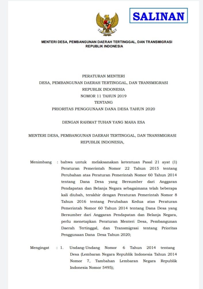 1. Permendesa No 11/2019 ttg Prioritas Penggunaan DD 2020
2. Permendesa No 16/2019 ttg Musdes
3. Permendesa No 17/2019 ttg Pedum PPMD
4. Permendesa No 18/2019 ttg Pedum PMD
<a href="/halimiskandarnu/">ABDUL HALIM ISKANDAR</a> <a href="/anwsanusi/">Anwar Sanusi</a> @syukriiman_ <a href="/taufikmadjid71/">IG : taufik.madjid</a> @fachrilabalado <a href="/SukoyoKasekpro/">Sukoyo</a>