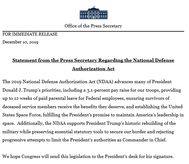 JimInhofe's tweet photo. The #FY20NDAA supports many @WhiteHouse priorities: the largest pay raise for our troops in a decade; getting rid of the widow’s tax; establishing a U.S. Space Force; and continuing @RealDonaldTrump’s efforts to rebuild our military. It’s a win for America! 🇺🇸 https://t.co/nRXakmfk2N