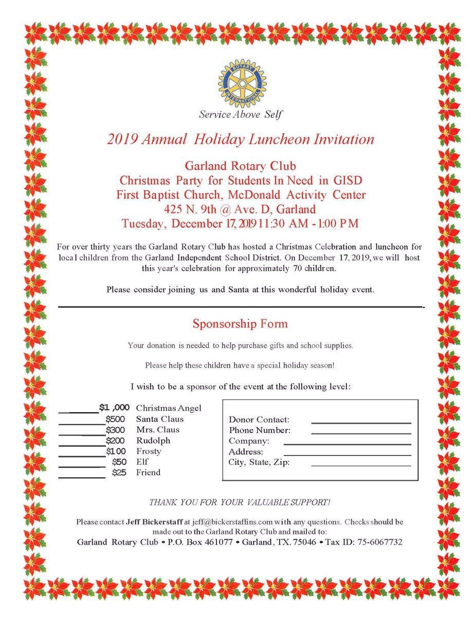 Garland Rotary Club (@garlandrotary) on Twitter photo For over 30 years, our Club has provided a Christmas for <a href="/gisdnews/">Garland ISD</a> children in need. Please join us again this year at <a href="/FBCGarland/">FirstBaptistGarland</a> on 12/17/19 at 11:30 am. Thank you <a href="/Rotary/">Rotary International</a> <a href="/rotary5810/">Rotary5810</a> <a href="/5Loavespantry/">5 Loaves Food Pantry</a> <a href="/atmosenergy/">atmosenergy</a> <a href="/gisdengagement/">Family and Community</a> and At Your Service Catering for your support! For over 30 years, our Club has provided a Christmas for <a href="/gisdnews/">Garland ISD</a> children in need. Please join us again this year at <a href="/FBCGarland/">FirstBaptistGarland</a> on 12/17/19 at 11:30 am. Thank you <a href="/Rotary/">Rotary International</a> <a href="/rotary5810/">Rotary5810</a> <a href="/5Loavespantry/">5 Loaves Food Pantry</a> <a href="/atmosenergy/">atmosenergy</a> <a href="/gisdengagement/">Family and Community</a> and At Your Service Catering for your support!