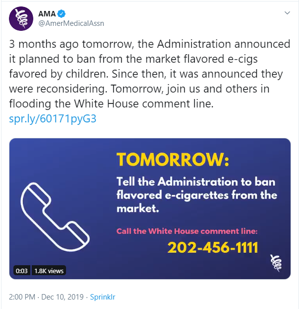 WHITE HOUSE: (CALL TO ACTION!) The American Medical Association &amp; others plan a call-in Dec. 11th to pressure the president to ban low risk, flavored vapor products, even for adults. Get your dialing fingers ready and make the calls to counter irrational and irresponsible laws!