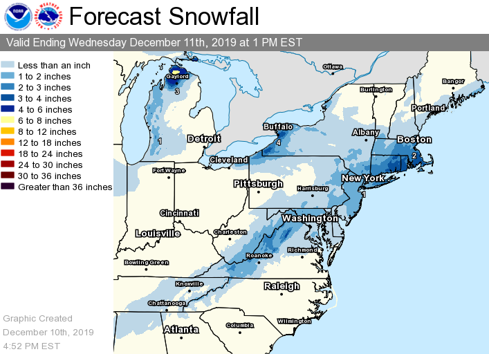 NWS's tweet photo. A streak of accumulating #snow is possible behind a strong cold front over the next 12 to 18 hours, from the southern Appalachians to southeastern portions of New England. Though with overall amounts being minimal, this wintry precipitation may impact Wednesday morning's commute. https://t.co/Sbh1l9mc1d