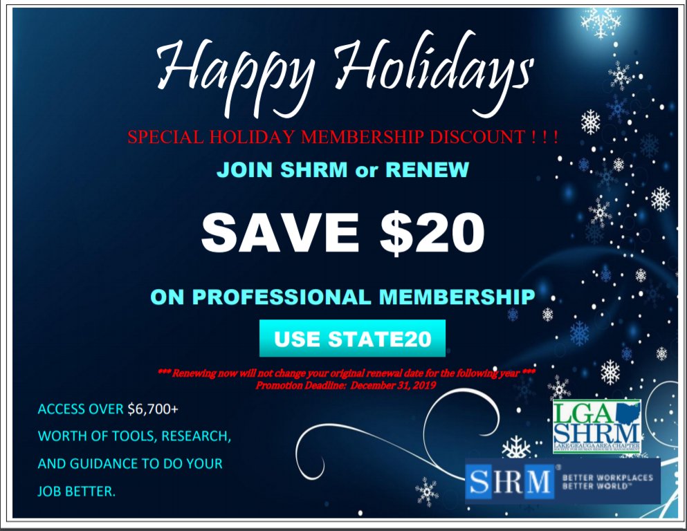 Have you heard? SHRM is offering a special promotion on Memberships! Join SHRM or Renew your membership now through December 31st and save $20. Be sure to enter the code STATE20 when renewing!