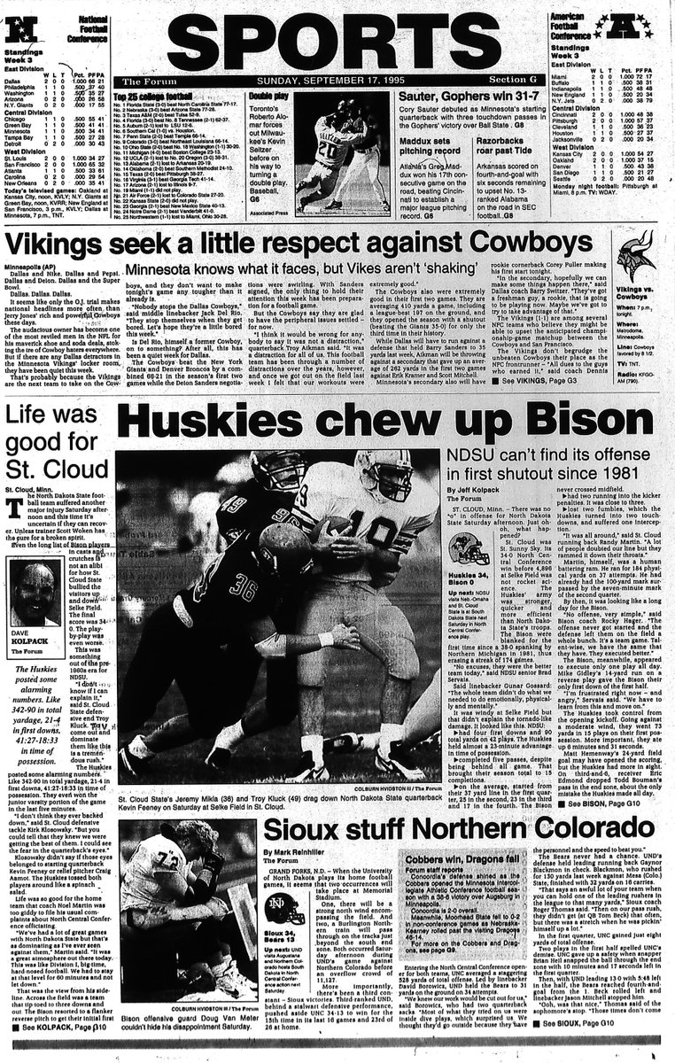 McFeely_Inforum's tweet image. With St. Cloud State dropping football today, we check the archives for one of program's biggest wins. Huskies hammer NDSU 34-0 in Sept. 1995. SCSU's quarterback was Todd Bouman. Making first collegiate start for Bison was Kevin Feeney, now the coach at Moorhead High. @inforum
