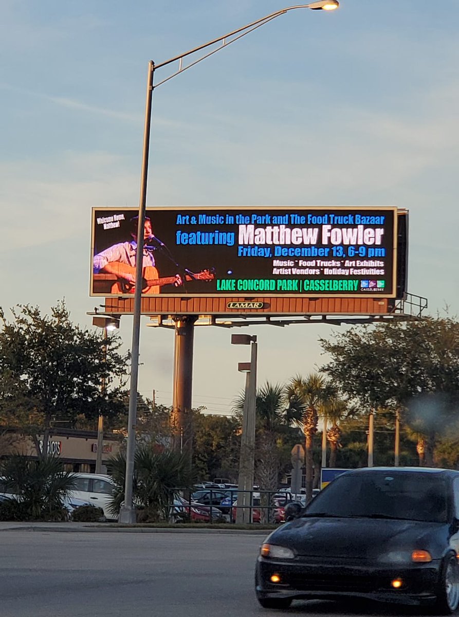 Hot dang! I’m on a billboard! ⚡️

Friday night I’m playing some originals, covers, and some Christmas tunes for a few hours at Lake Concord Park in Casselberry, Florida. There will be food trucks, art vendors, and songs! 6pm to 9pm!

Photo by my very old friend Jackie Compton.