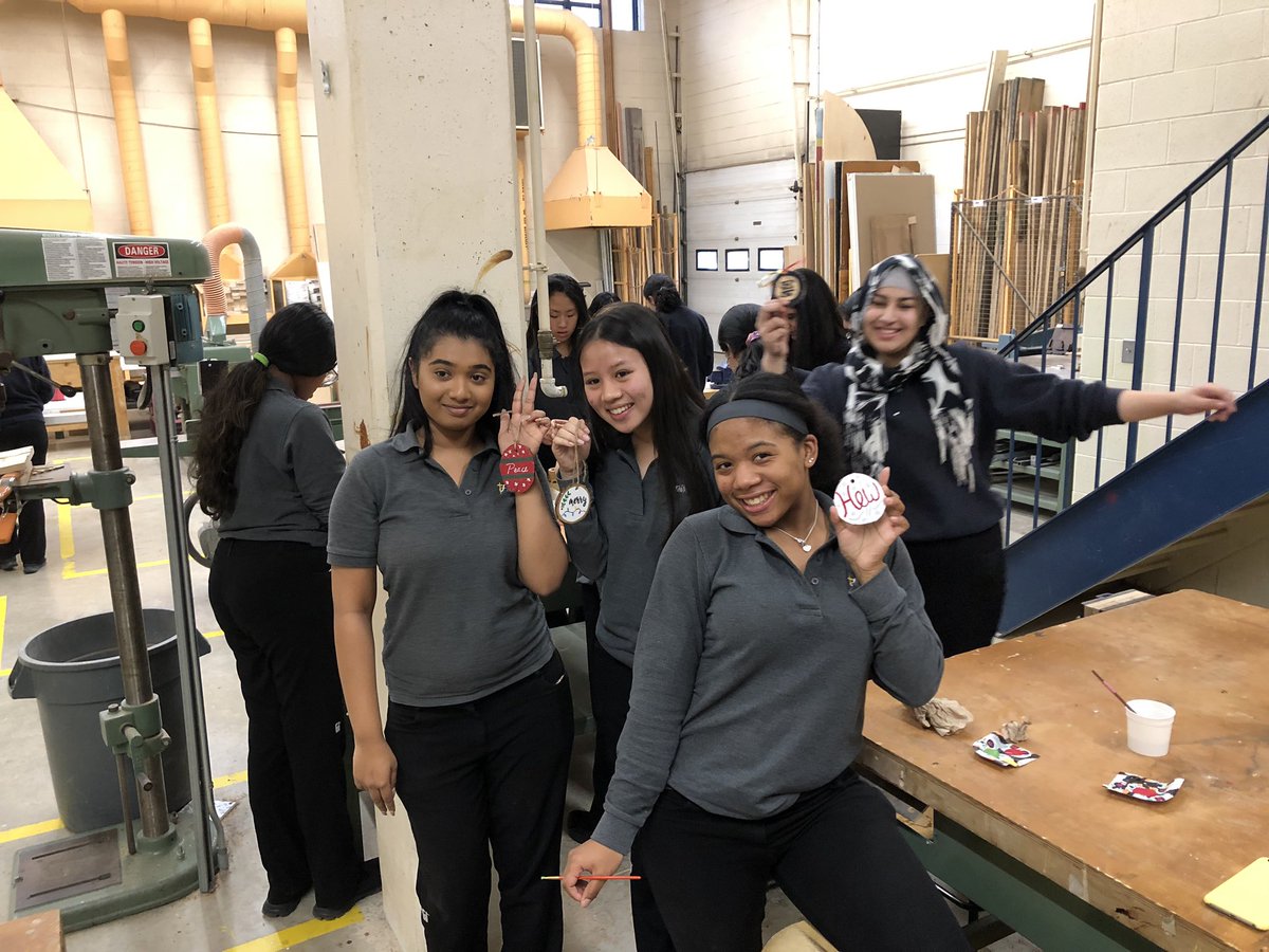 TechFmm's tweet image. The female students at FMM finished their hand crafted wood ornament today. Here is a sample of some of their creative ornaments. @FMMtweets @fmmrobotics2019 @TechFmm #womeninconstruction #womenintech #womenintrades