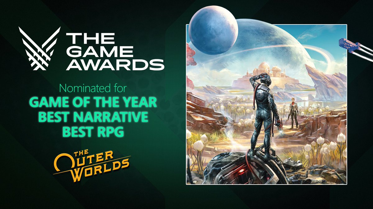 A character from The Outer Worlds is placed in a square to the right of the The Game Awards logo. Text Reads: The Game Awards. Nominated for Game of the Year, Best Narrative, Best RPG, The Outer Worlds 
