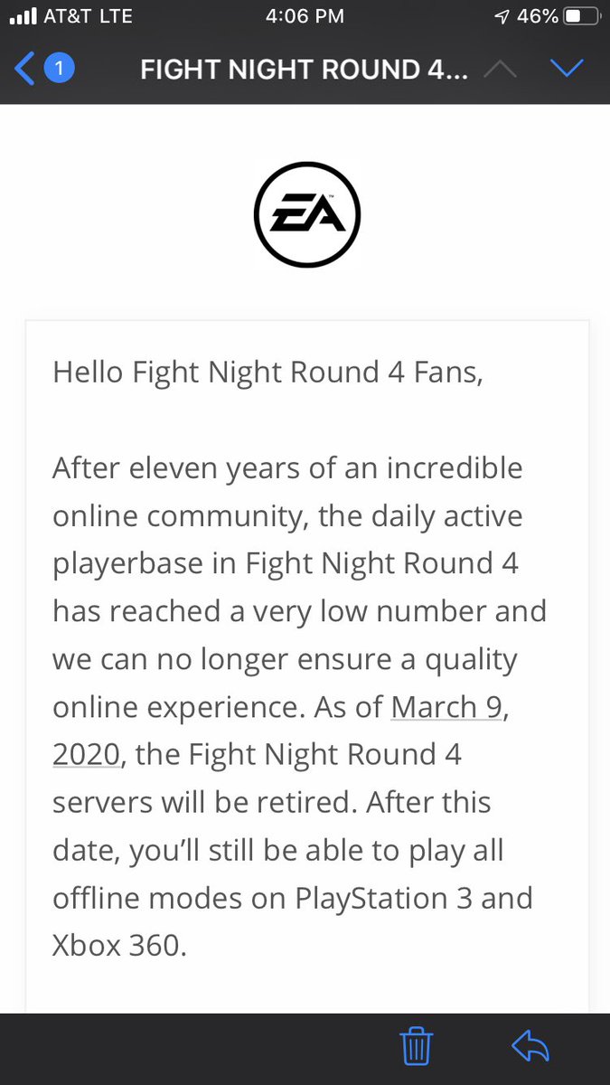 Thee_LBG's tweet photo. Just got an email from @EA stating that #FightNightRound4 servers going night night March 9, 2020 @Wario64 @Nibellion https://t.co/YAUUczit3e