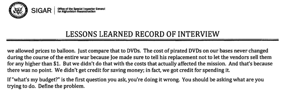 Even in safe areas, the cost of building a school that cost $250K doubled between 2005 and 2011 because nobody cared enough to negotiate with contractors. Instead, military made sure never to spend more than $1 for DVD. 75/n