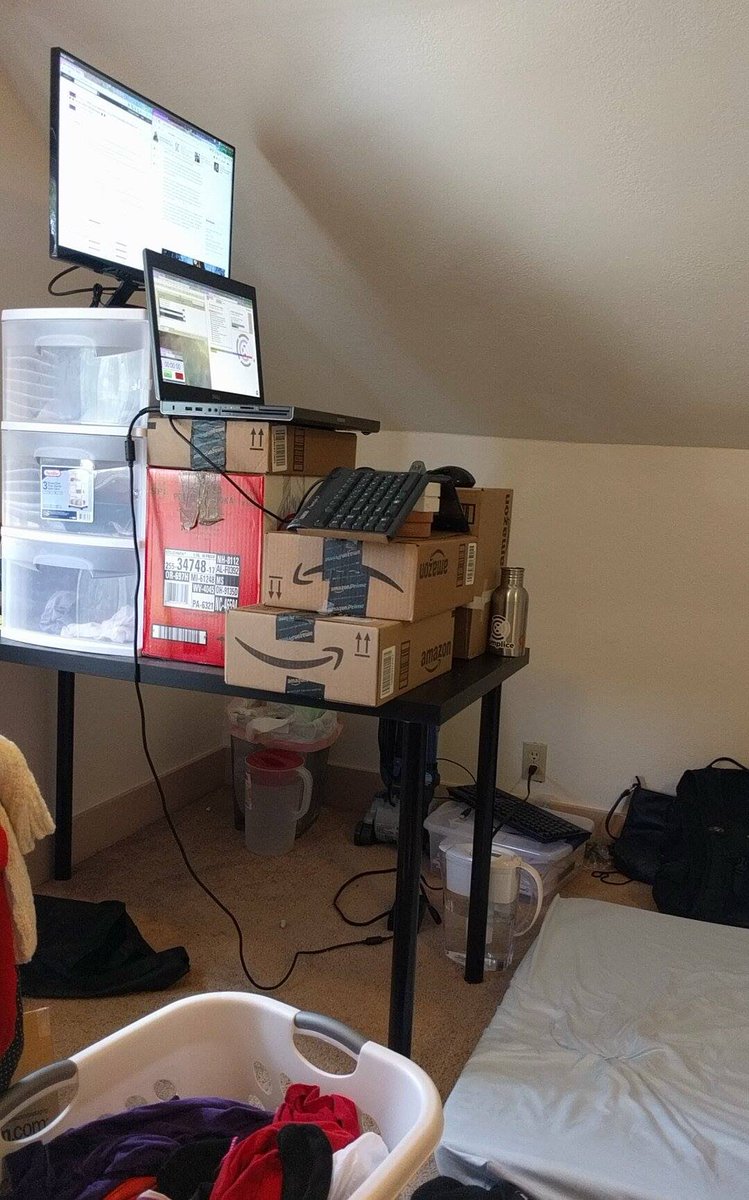 Ah here's another! Feb 2016, right after the aforementioned Focus Week I set this up in the room of my then-girlfriend, who I was staying with that month.Note the extra piece of cardboard to keep the keyboard from slipping off (near side)I miss that water bottle. Left on 